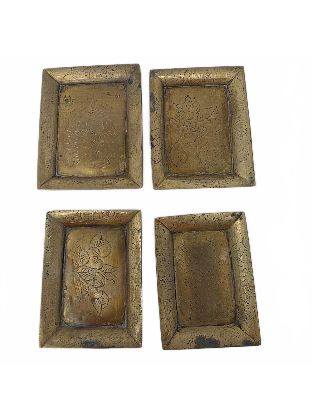 Vintage Engraved Brass Tone Nesting Trays Set of 4 Floral Trinket Dishes